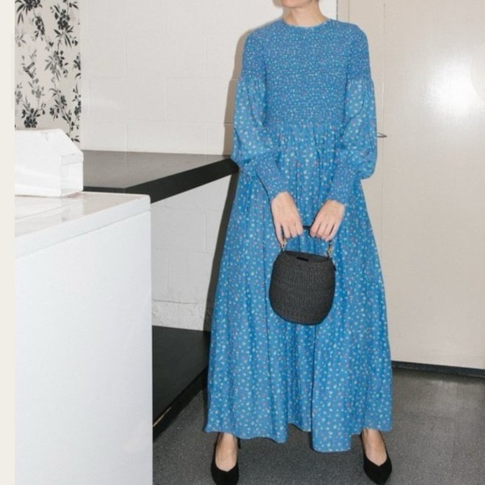 GANNI Cotton & Silk Blend Blue Floral Beacon Maxi Dress